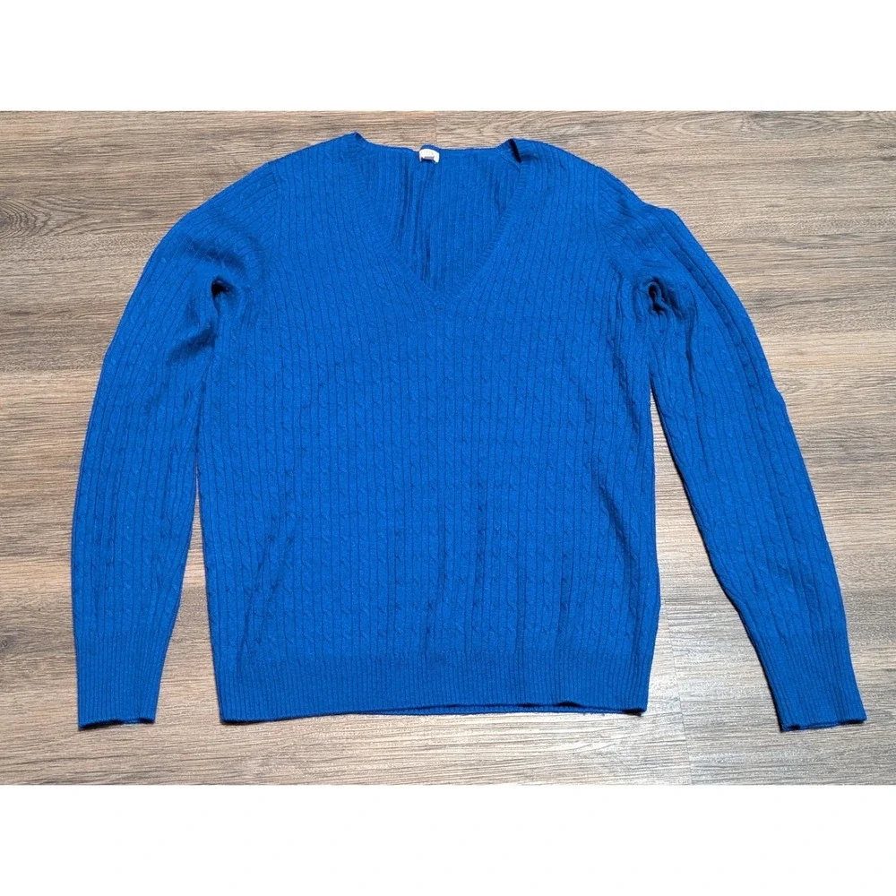 J Crew Royal Blue Cable Knit V Neck Sweater Mens Size Medium Wool/Cashmere Blend
